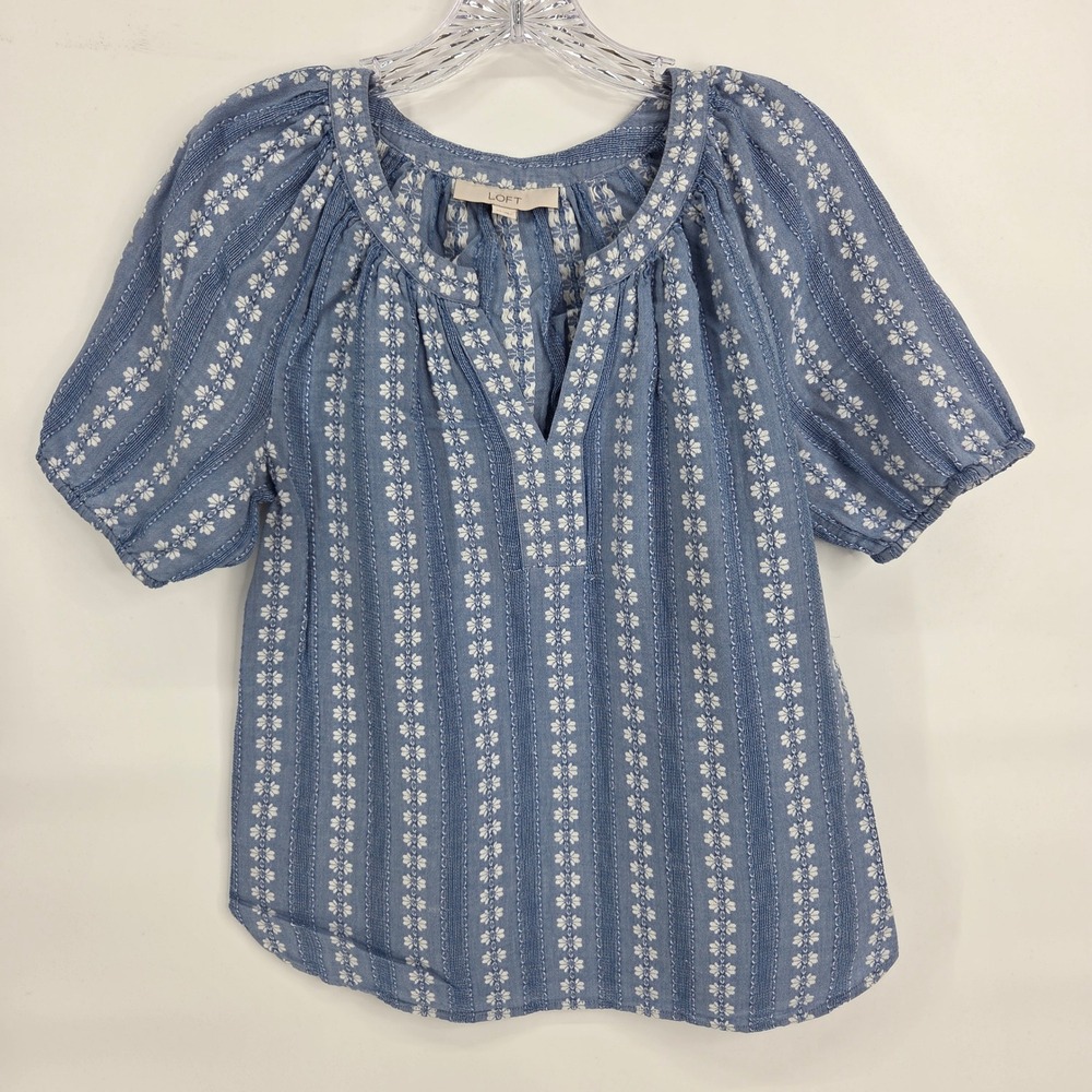 LOFT Puff Sleeve Blouse XS Blue Floral Stripe Boho Cottagecore Coastal Top